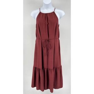 Banana Republic Tiered Maxi Dress Burgundy Halter Neck Tie Waist Size Large Tall